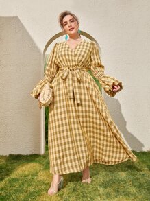 Mulvari Plus Plaid Print Gathered Sleeve Dress - Multicolor - View 1