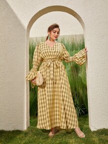 Mulvari Plus Plaid Print Gathered Sleeve Dress - Multicolor - View 8