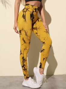 Yoga Trendy Tie Dye Yoga Leggings Seamless Softness High Stretch Tummy Control Training Tights - Yellow - View 4