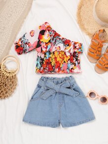 少女花朵印花單肩上衣和配腰牛仔效果短褲 - 彩色 - 查看 1
