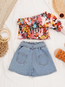 少女花朵印花單肩上衣和配腰牛仔效果短褲 - 彩色 - 查看 2