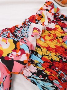 少女花朵印花單肩上衣和配腰牛仔效果短褲 - 彩色 - 查看 3