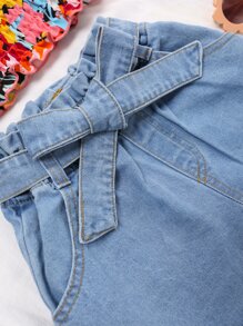 少女花朵印花單肩上衣和配腰牛仔效果短褲 - 彩色 - 查看 4