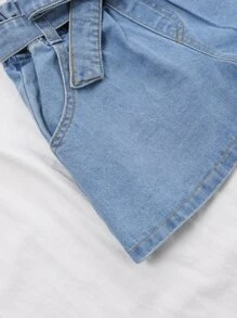 少女花朵印花單肩上衣和配腰牛仔效果短褲 - 彩色 - 查看 5