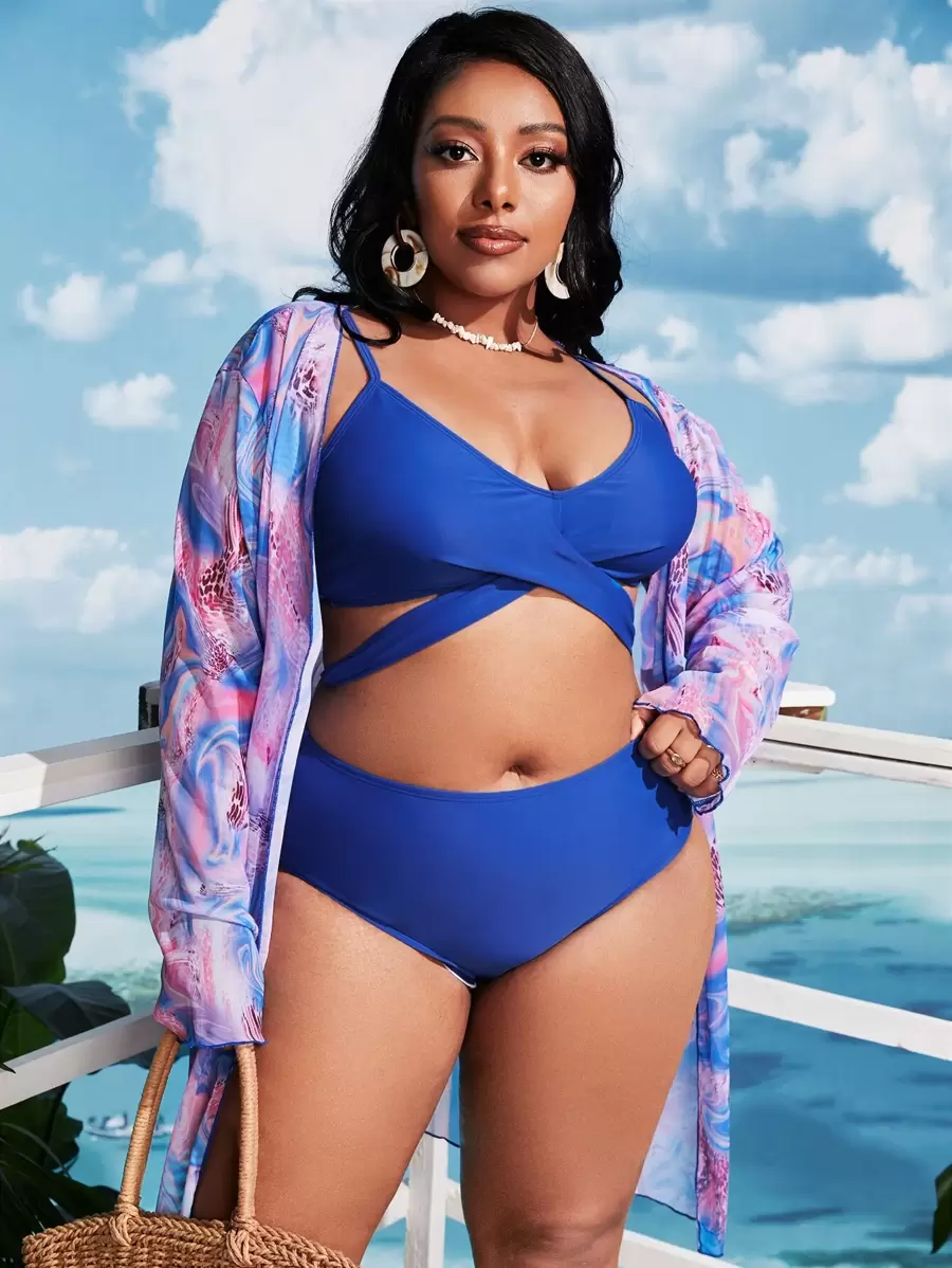 3packs Plus Size Solid Wrap Bikini Set & Kimono Summer Beach - Multicolor - View 1