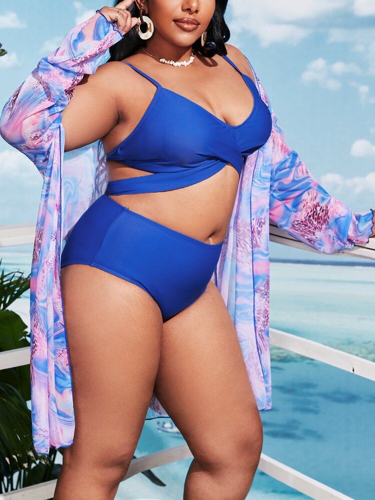 Conjunto de bikini envolvente sólido de talla grande y kimono de playa de verano, 3 paquetes - Multicolor - Añade 5