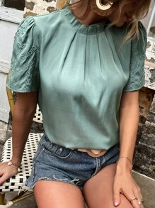 SHEIN Unity Geo & Floral Embroidery Frill Neck Blouse - Mint Green - View 1