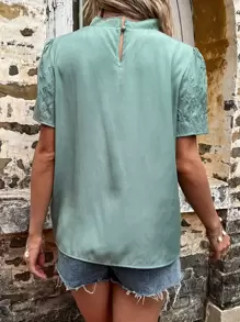 SHEIN Unity Geo & Floral Embroidery Frill Neck Blouse - Mint Green - View 2