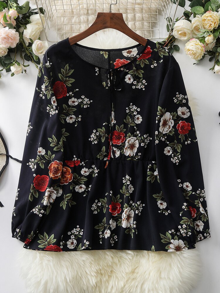 Mulvari Plus Floral Print Tie Neck Blouse - Black - View 1