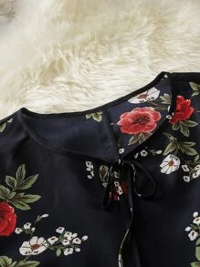 Mulvari Plus Floral Print Tie Neck Blouse - Black - View 3
