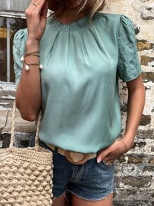 SHEIN Unity Geo & Floral Embroidery Frill Neck Blouse - Mint Green - View 5