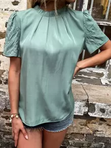 SHEIN Unity Geo & Floral Embroidery Frill Neck Blouse - Mint Green - View 6