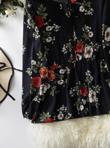 Mulvari Plus Floral Print Tie Neck Blouse - Black - View 5