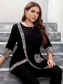 Mulvari Plus Leopard Patched Pocket Asymmetrical Hem Top & Leggings - Black - View 1