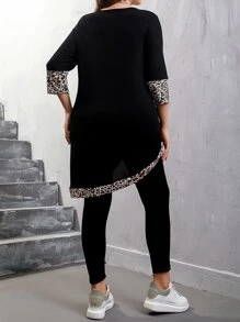 Mulvari Plus Leopard Patched Pocket Asymmetrical Hem Top & Leggings - Black - View 2