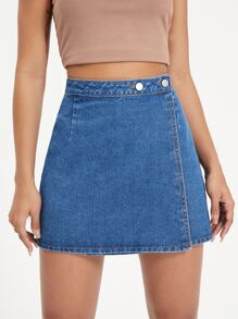 SHEIN EZwear Váy denim nữ Nút đôi Dây kéo màu trơn - Rửa trung bình - Xem 1