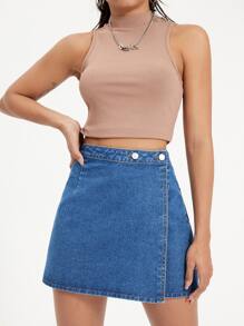 SHEIN EZwear Váy denim nữ Nút đôi Dây kéo màu trơn - Rửa trung bình - Xem 3