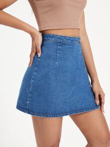 SHEIN EZwear Váy denim nữ Nút đôi Dây kéo màu trơn - Rửa trung bình - Xem 4