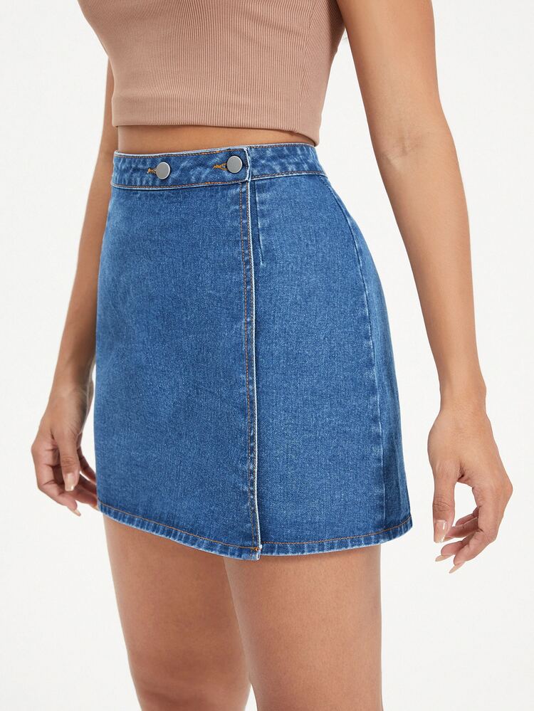 SHEIN EZwear 腰部紐扣牛仔半身裙 - 中等水洗藍 - 查看 5