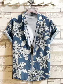 Manfinity RSRT Men Random Tropical Print Shirt Without Tee, Slim Fit Short Sleeve Button Up Graphic Floral Colorful Blue Beach Shirt For Husband - Multicolor - View 1