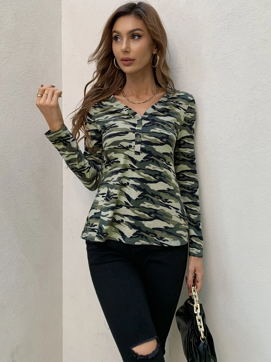 AAmilife Buttoned Front Camo Top - Multicolor - View 1