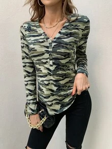 AAmilife Buttoned Front Camo Top - Multicolor - View 4