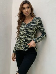 AAmilife Buttoned Front Camo Top - Multicolor - View 5