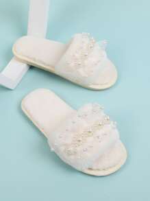 人造珍珠裝飾毛茸茸臥室拖鞋 - 米色 - 查看 3