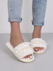 人造珍珠裝飾毛茸茸臥室拖鞋 - 米色 - 查看 5