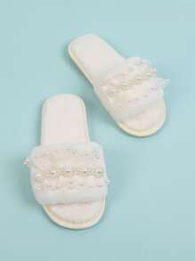 人造珍珠裝飾毛茸茸臥室拖鞋 - 米色 - 查看 2