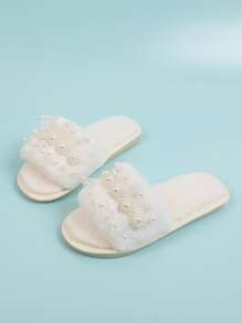 人造珍珠裝飾毛茸茸臥室拖鞋 - 米色 - 查看 4