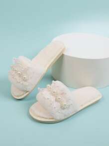 人造珍珠裝飾毛茸茸臥室拖鞋 - 米色 - 查看 6