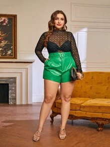 SHEIN Privé Plus Paperbag Waist Belted PU Leather Shorts - Green - View 3