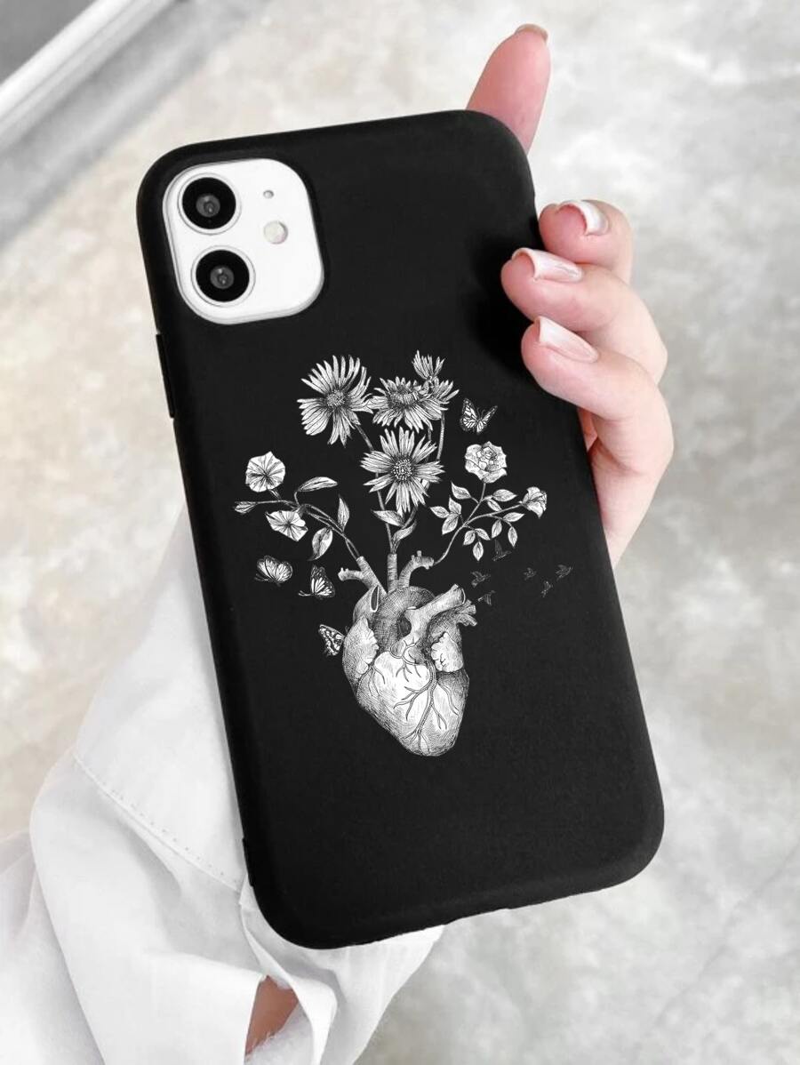 Flower Heart Pattern Phone Case - Black and White - View 1