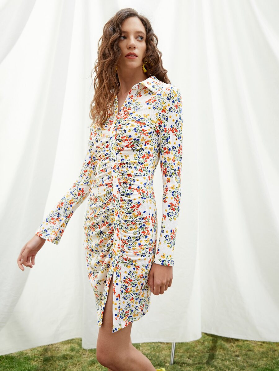 SHEIN 小碎花褶邊紐扣開襟連衣裙 - 彩色 - 查看 1