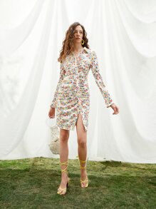 SHEIN 小碎花褶邊紐扣開襟連衣裙 - 彩色 - 查看 3