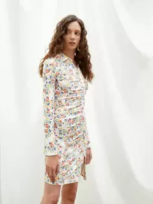 SHEIN 小碎花褶邊紐扣開襟連衣裙 - 彩色 - 查看 5