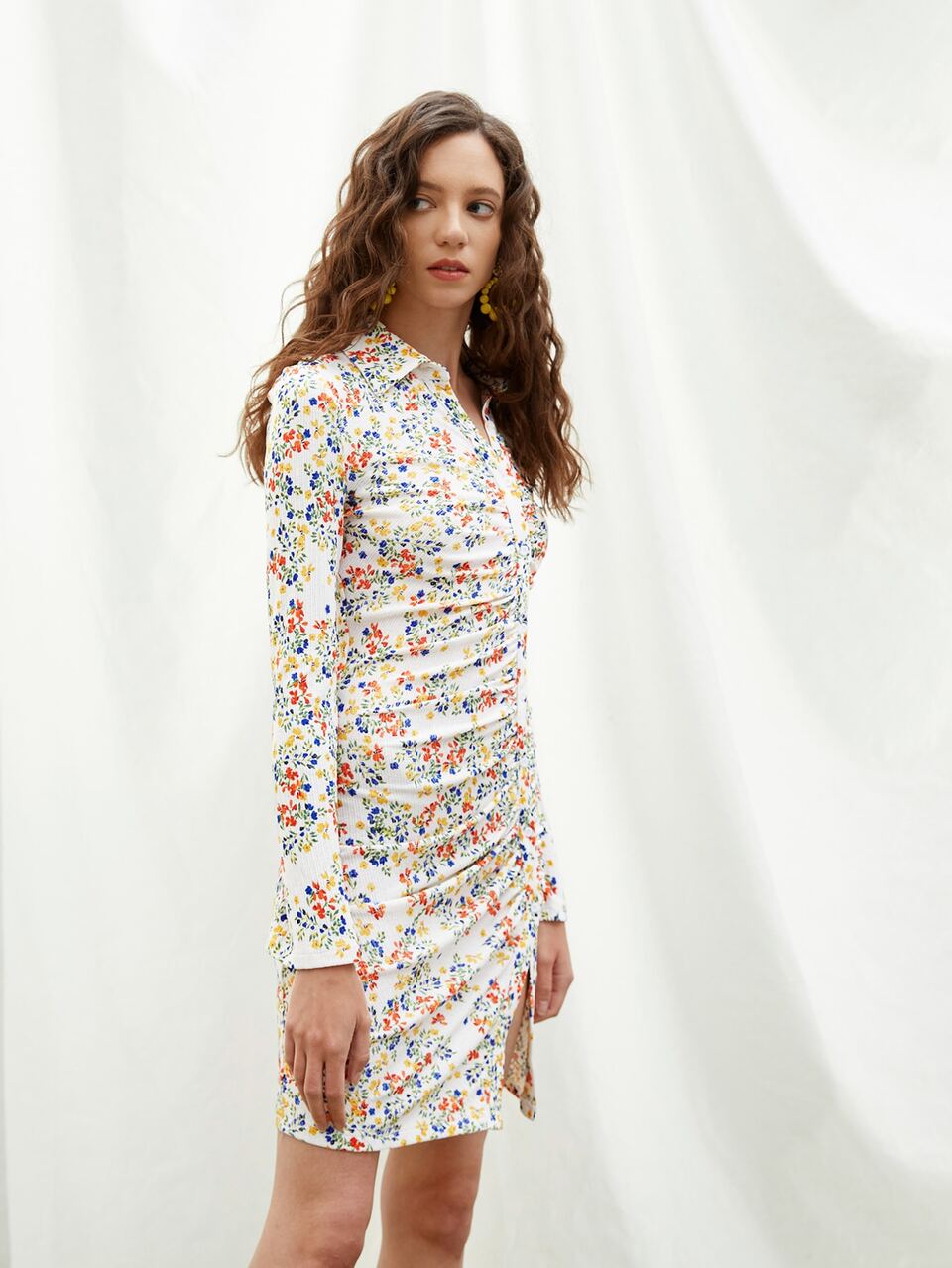 Ditsy Floral Ruched Button Placket Dress