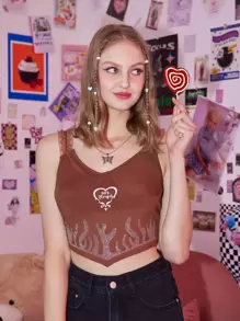 ROMWE Áo hai dây viền lá sen Pha lê kim cương Gân đan Lá thư Ngọn lửa Giải trí - Rỉ Nâu - Xem 3