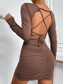 SHEIN Essnce Đầm Lộ Lưng Ren lên Xù màu trơn Gợi cảm - Cà phê nâu - Xem 1