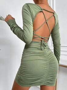 SHEIN Unity Criss Cross Tie Backless Ruched Bodycon Dress - Olive Green - View 1