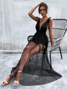 Chiquease Open Back Knot Shoulder Slip Romper With Sheer Mesh Skirt - Black - View 3