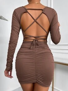 SHEIN Essnce Đầm Lộ Lưng Ren lên Xù màu trơn Gợi cảm - Cà phê nâu - Xem 2