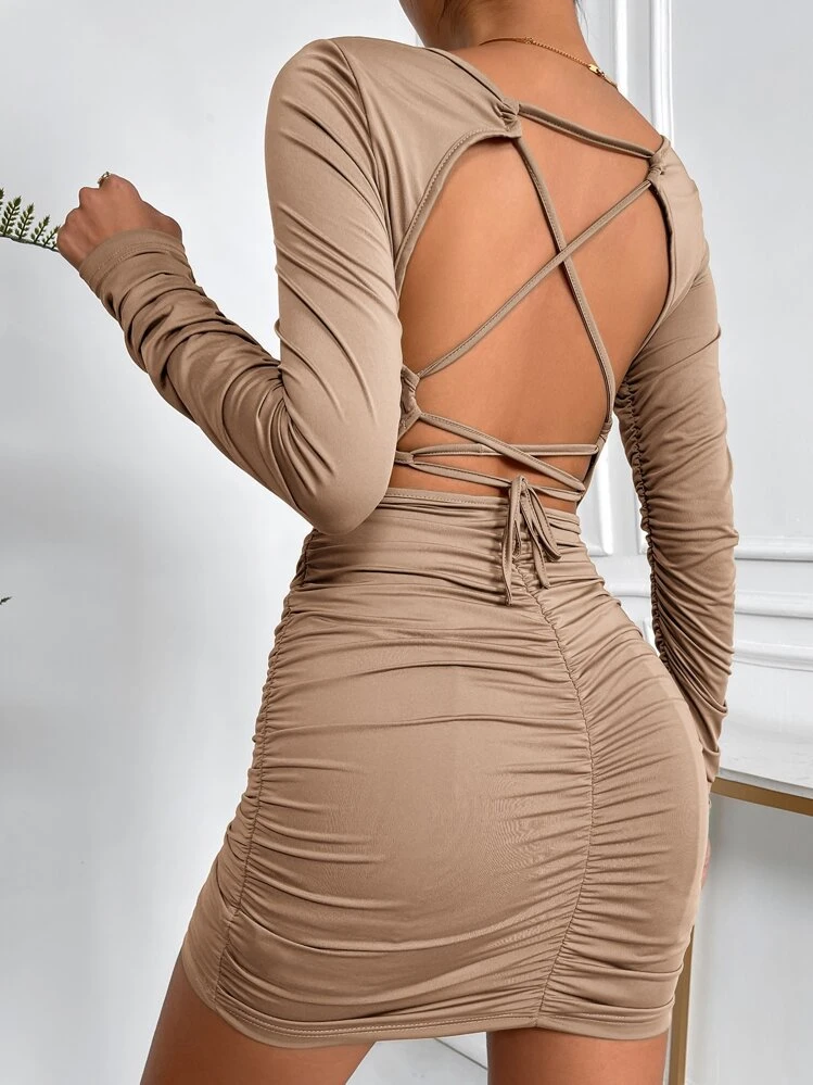 SHEIN SXY Criss Cross Tie Backless Ruched Bodycon Dress - Khaki - View 1