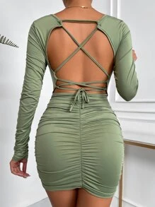 SHEIN Unity Criss Cross Tie Backless Ruched Bodycon Dress - Olive Green - View 2