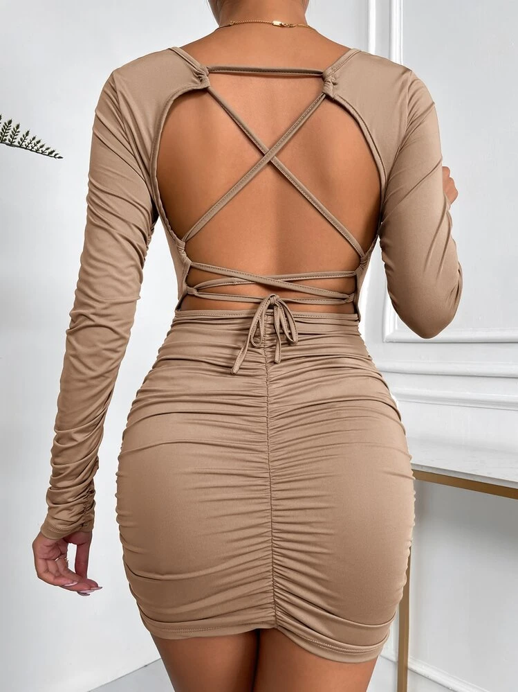 SHEIN SXY Criss Cross Tie Backless Ruched Bodycon Dress - Khaki - View 2