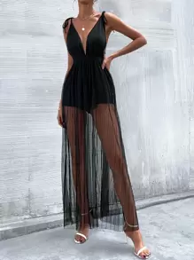 Chiquease Open Back Knot Shoulder Slip Romper With Sheer Mesh Skirt - Black - View 6