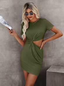 SHEIN Clasi 前扭結鏤空連衣裙 - 軍綠色 - 查看 3