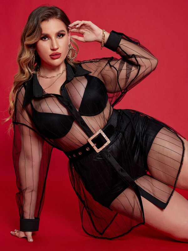 Flirla Plus Drop Shoulder Mesh Shirt Without Belted & Bra