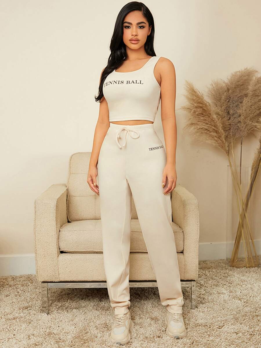 Letter Graphic Crop Tank Top & Tie Front Trousers PJ Set - Apricot - View 1